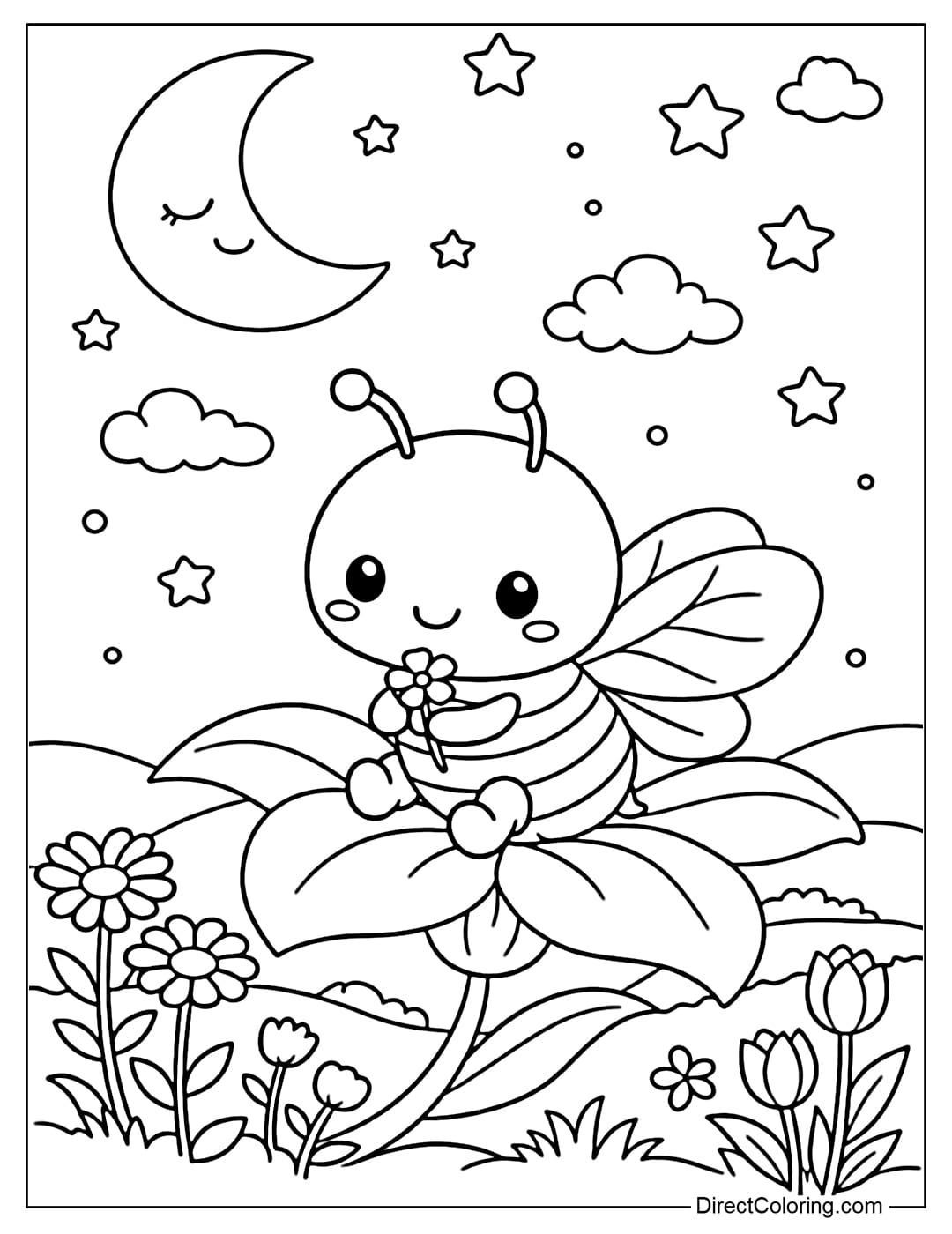 A coloring page showing a bee under a night sky with gentle and warm moonlight and stars.