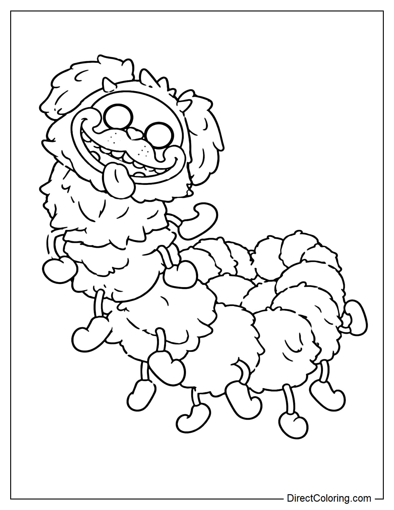 PJ Pug-a-Pillar, a hybrid creature between a Pug and a caterpillar in Poppy Playtime, with a bright smile, a protruding tongue, and wide, round eyes, a segmented body, fluffy fur, and many small, caterpillar-like legs.