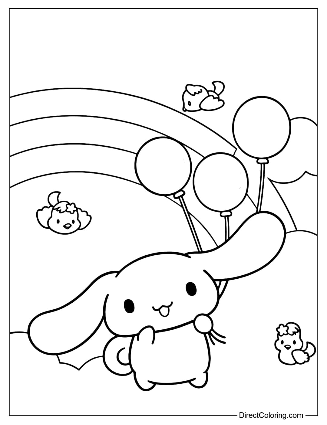 A coloring page of Cinnamoroll holding a bunch of balloons under a rainbow, surrounded by clouds and adorable little birds.