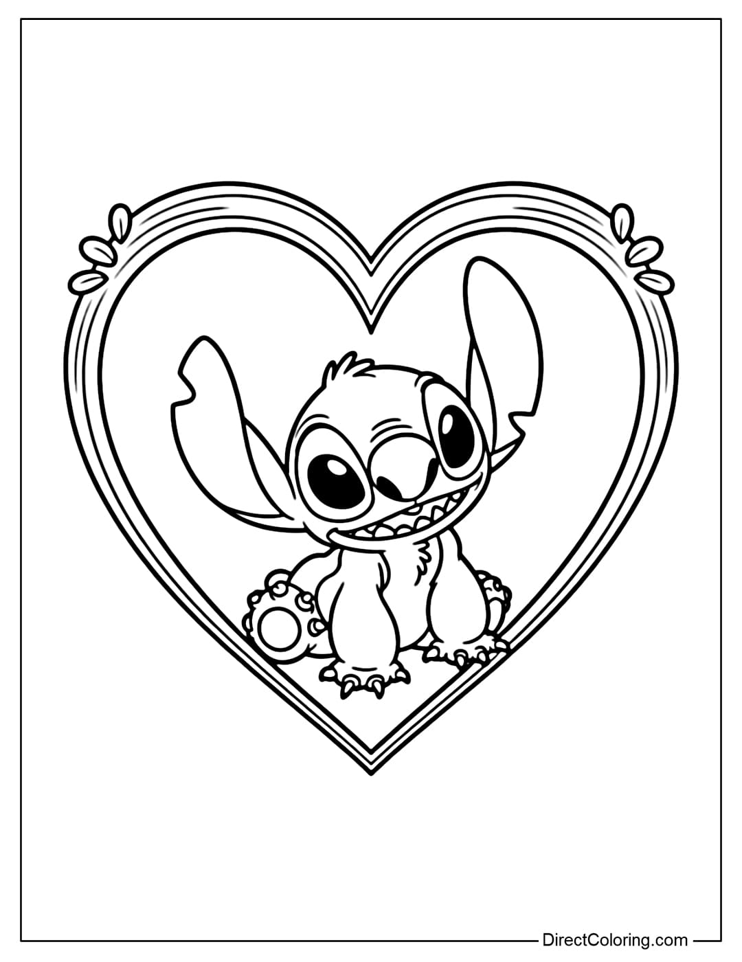 This coloring page shows Stitch in the center of a large heart frame with minimalist decorative borders, perfect for Valentine's Day.
