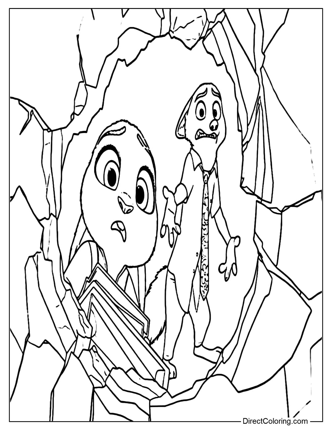 Coloring page of Nick with Judy, showing a mix of surprise and worry upon seeing a crack in the wall.