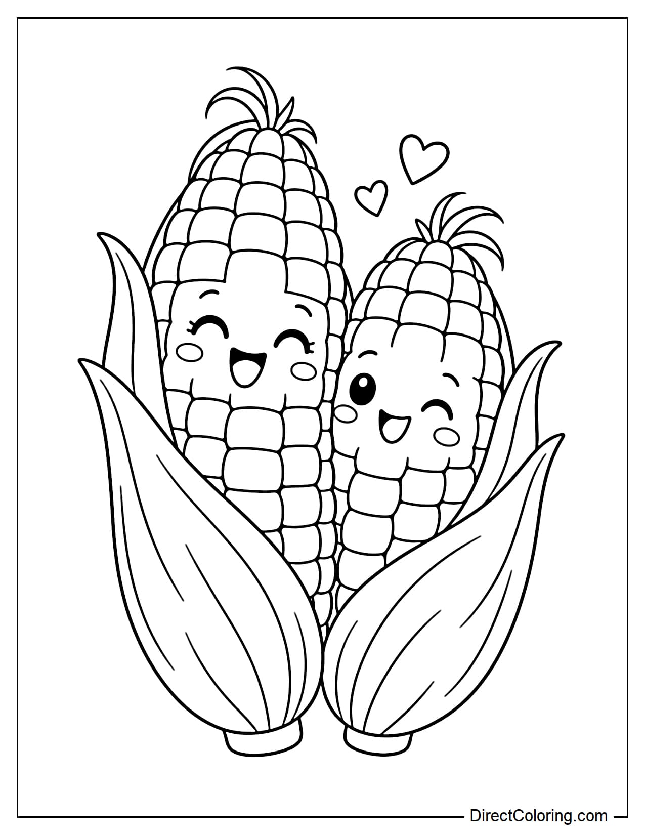 Two cute corn cobs stand close together and lean gently toward each other, with their long husk leaves curving inward as if they are hugging.