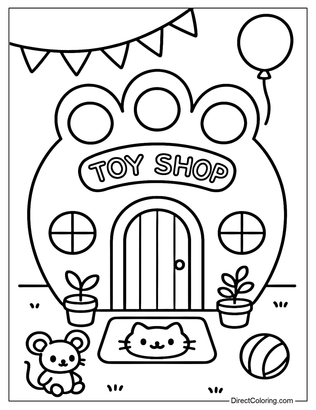 Cat Paw Toy Shop Coloring Page Coloring Page Toy shop with a cat paw shaped facade, the main door is in the middle of the paw, the toes are small round windows.