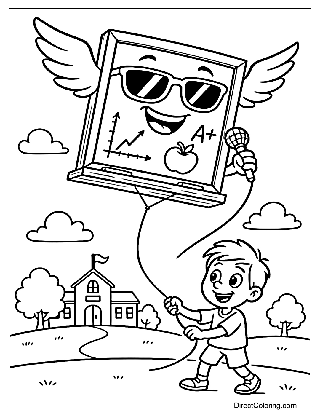 A coloring page of a flying chalkboard, carrying lessons from class to class like a giant kite.