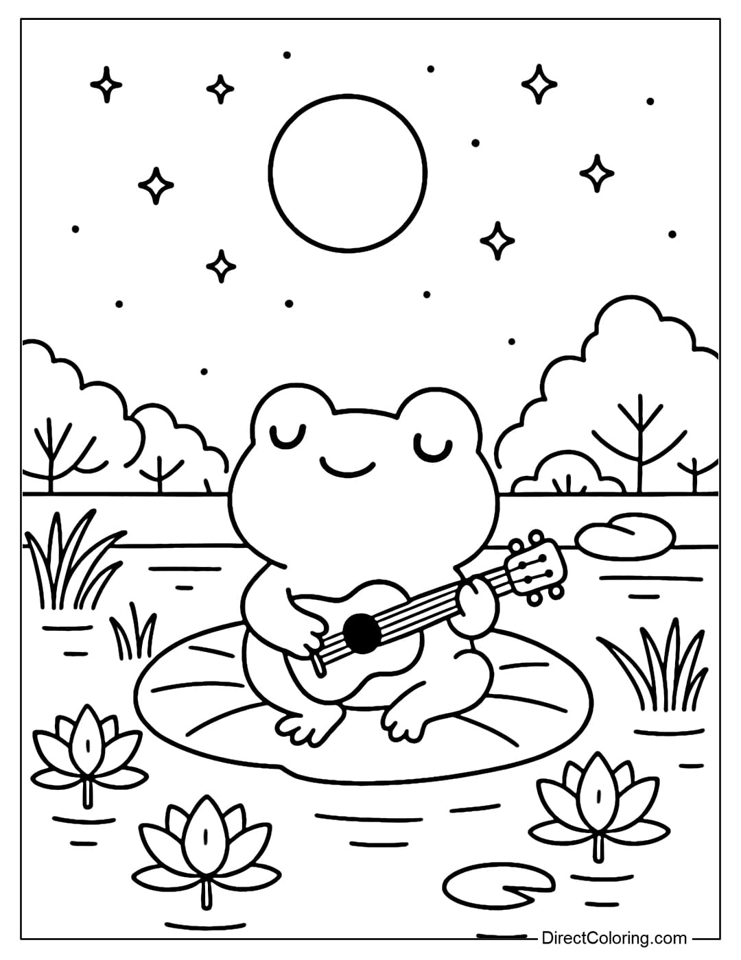 A coloring page of a frog sitting on a lotus leaf in the middle of the lake, holding a small guitar and playing music.