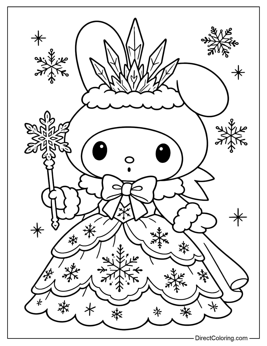 A coloring page featuring the winter queen My Melody wearing a gorgeous snow dress, a crystal crown, and holding a snowflake scepter.
