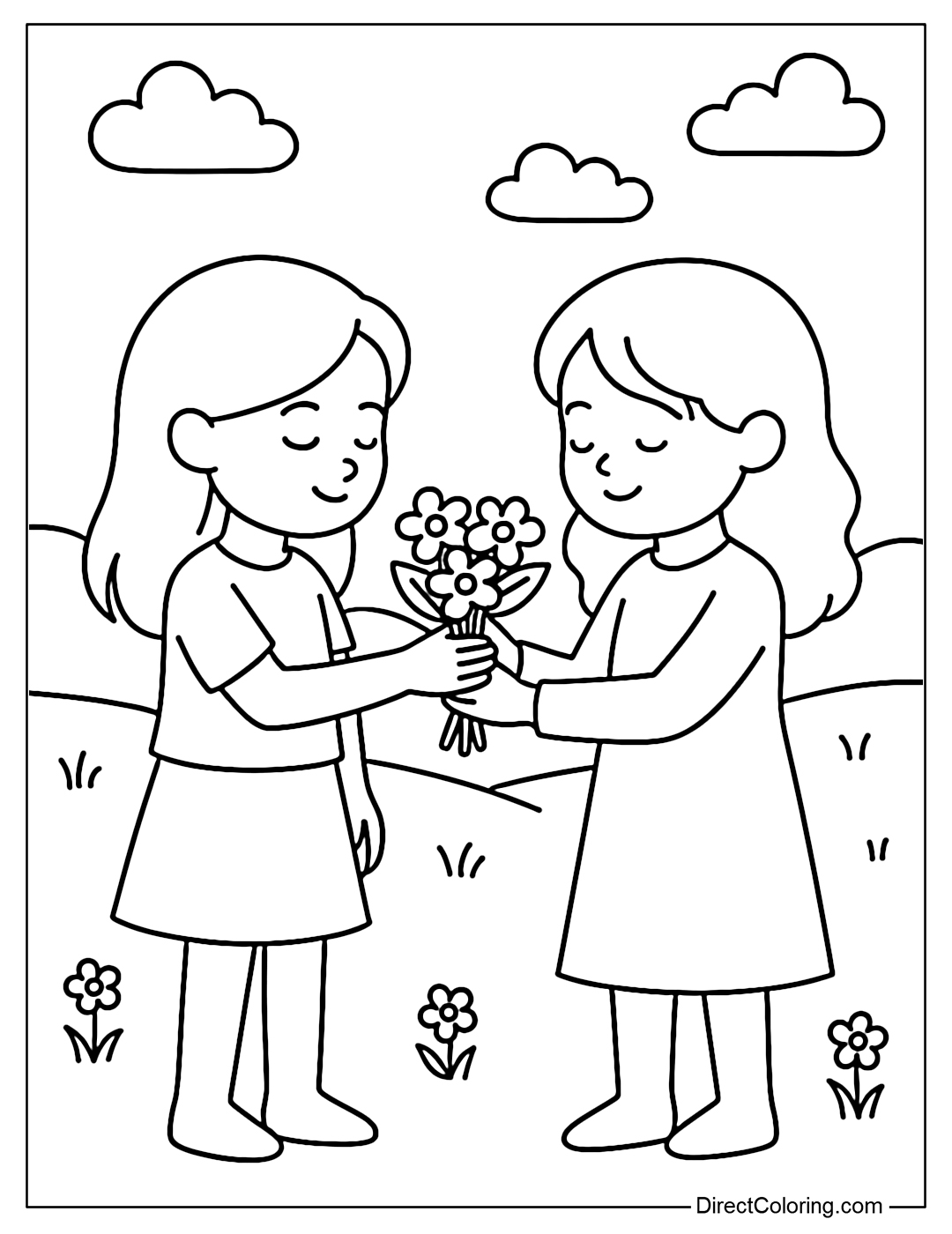 Coloring page of two girls giving each other a small bouquet of flowers, the space is a peaceful field.