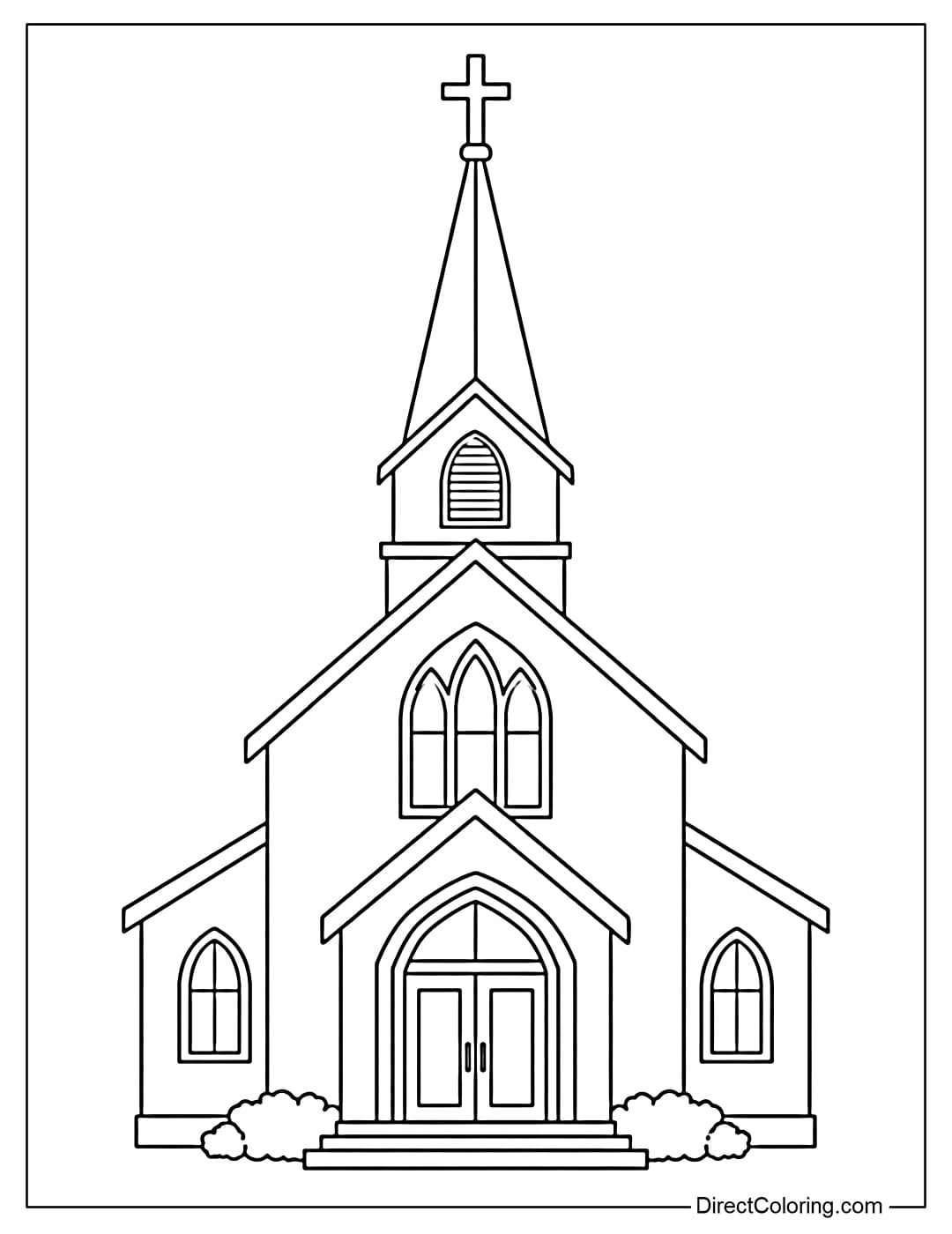 Coloring page of a simple church with a large front door and a pointed roof.