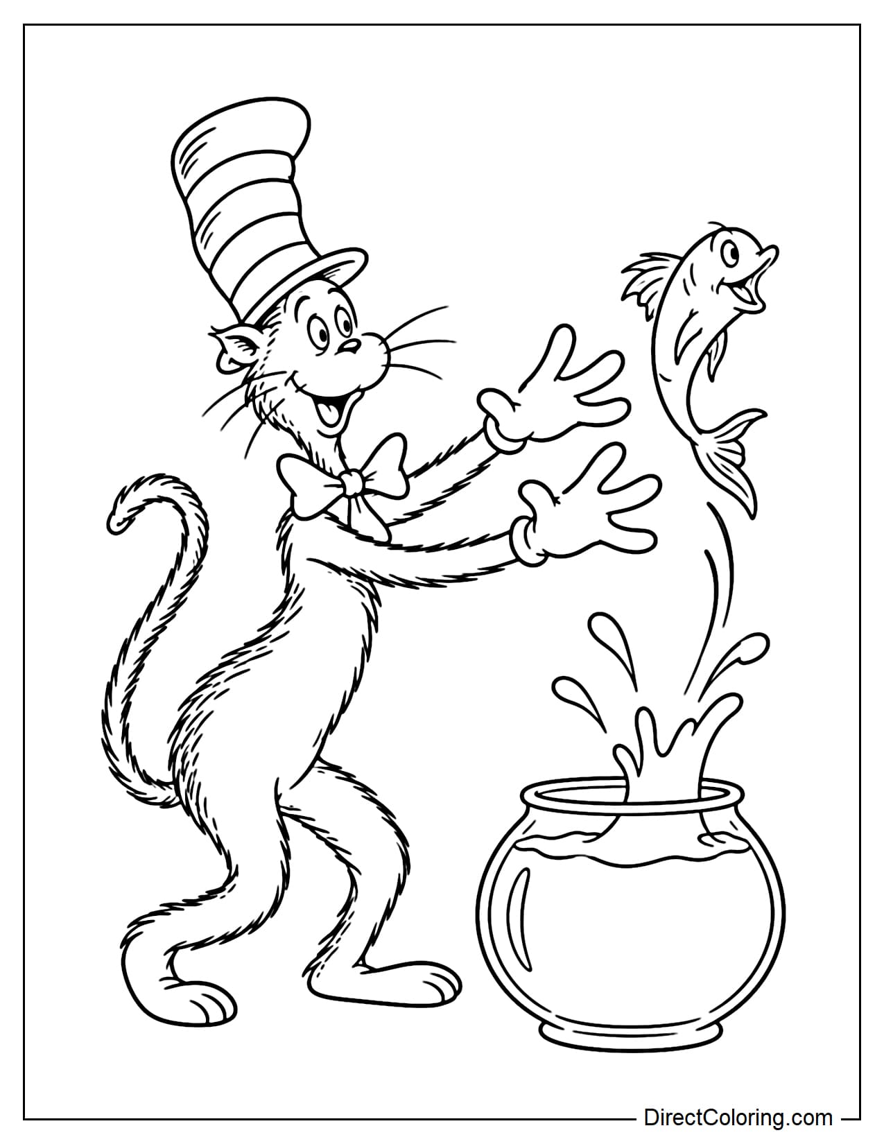 The Cat in the Hat reaches both hands forward to catch the fish as it jumps out of the fishbowl.