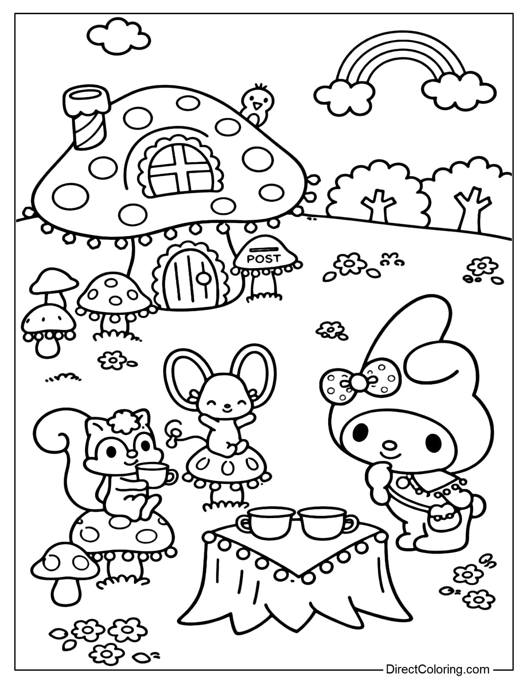 Coloring page depicting My Melody's intimate tea party with her friends at the mushroom house.