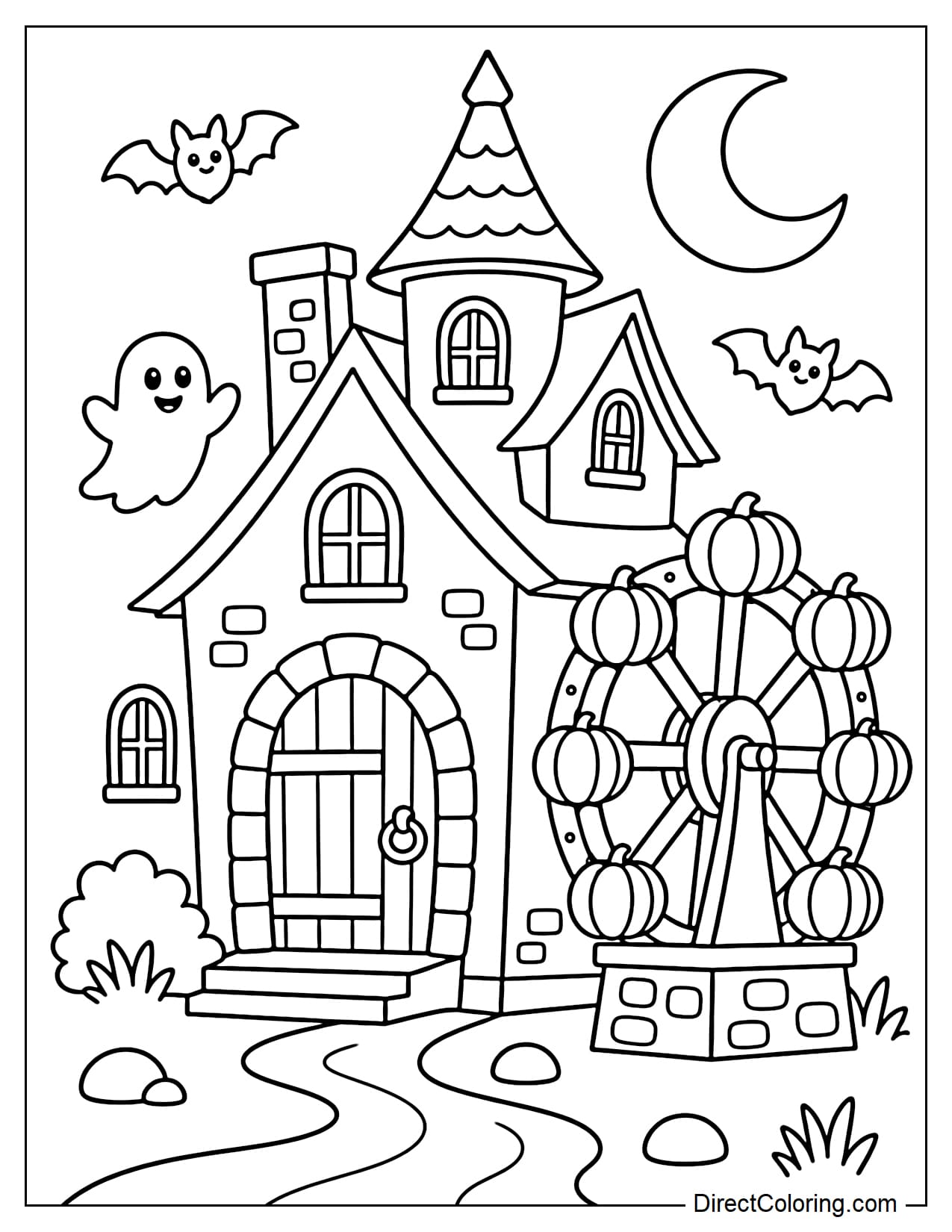 A haunted house has a large waterwheel attached to one side, with big round pumpkins fixed along the wheel spokes.