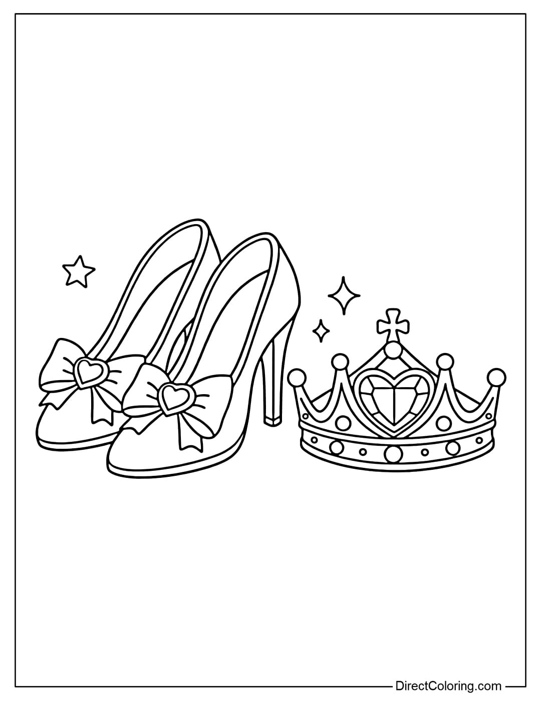 Coloring page of large princess shoes and a crown placed side-by-side in a simple design.
