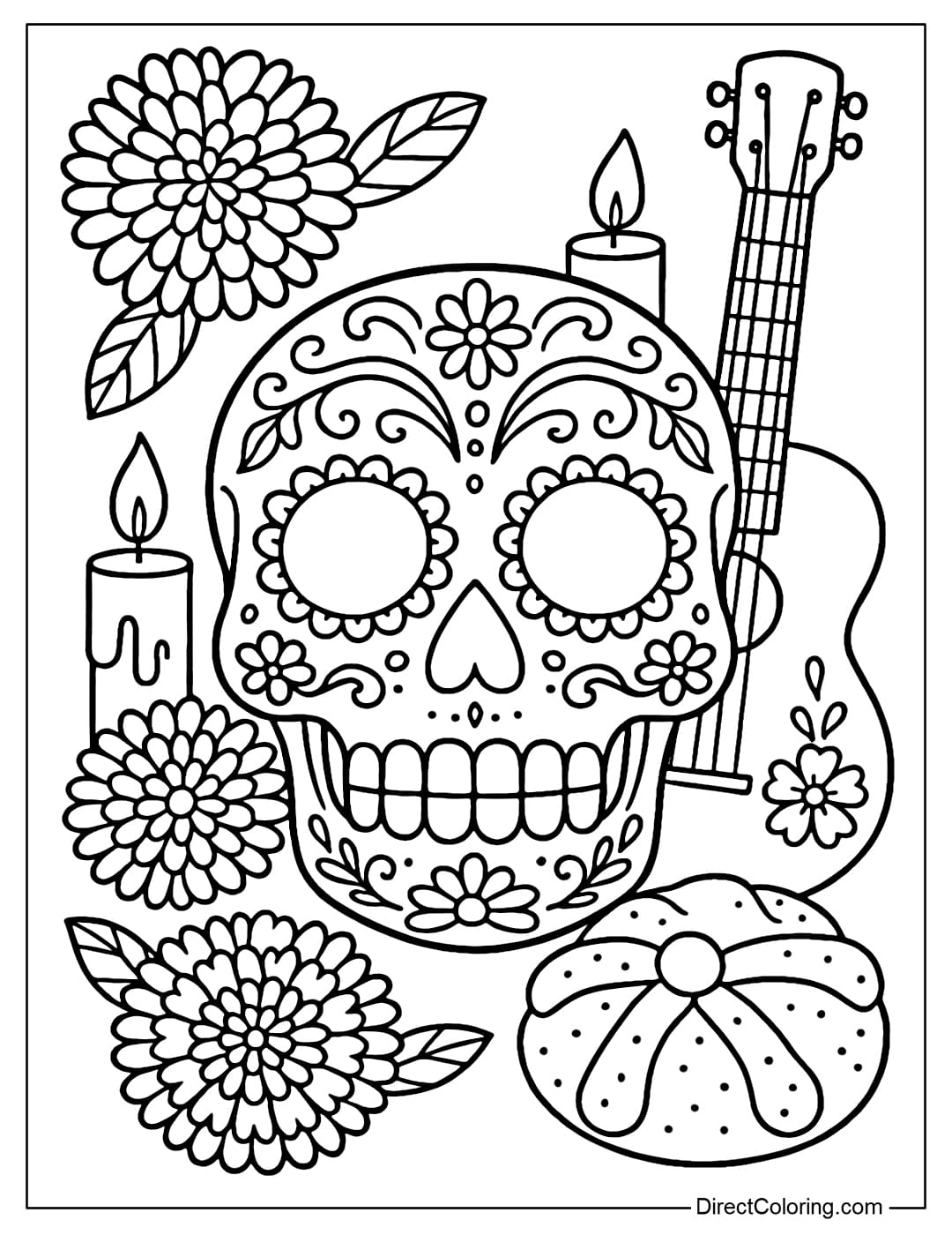 A Mexican skull coloring page decorated with daisies, candles, musical instruments and cakes, evoking the atmosphere of the Día de los Muertos festival.