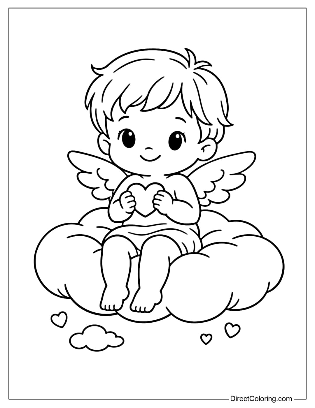 A baby Cupid is sitting on a soft, round cloud, feet dangling, holding a small heart.