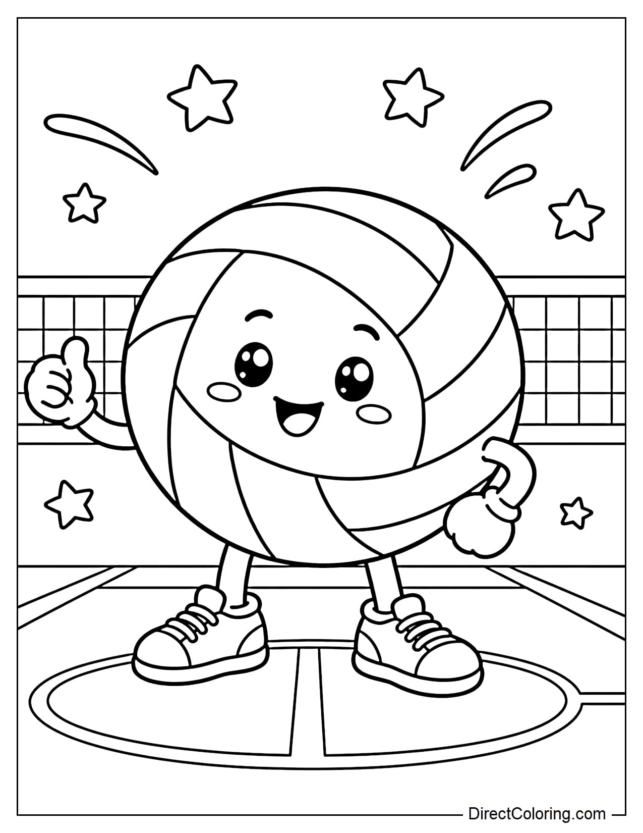 A cute volleyball with a smiling face is wearing small sneakers and standing on the volleyball court, with a few stars around it.