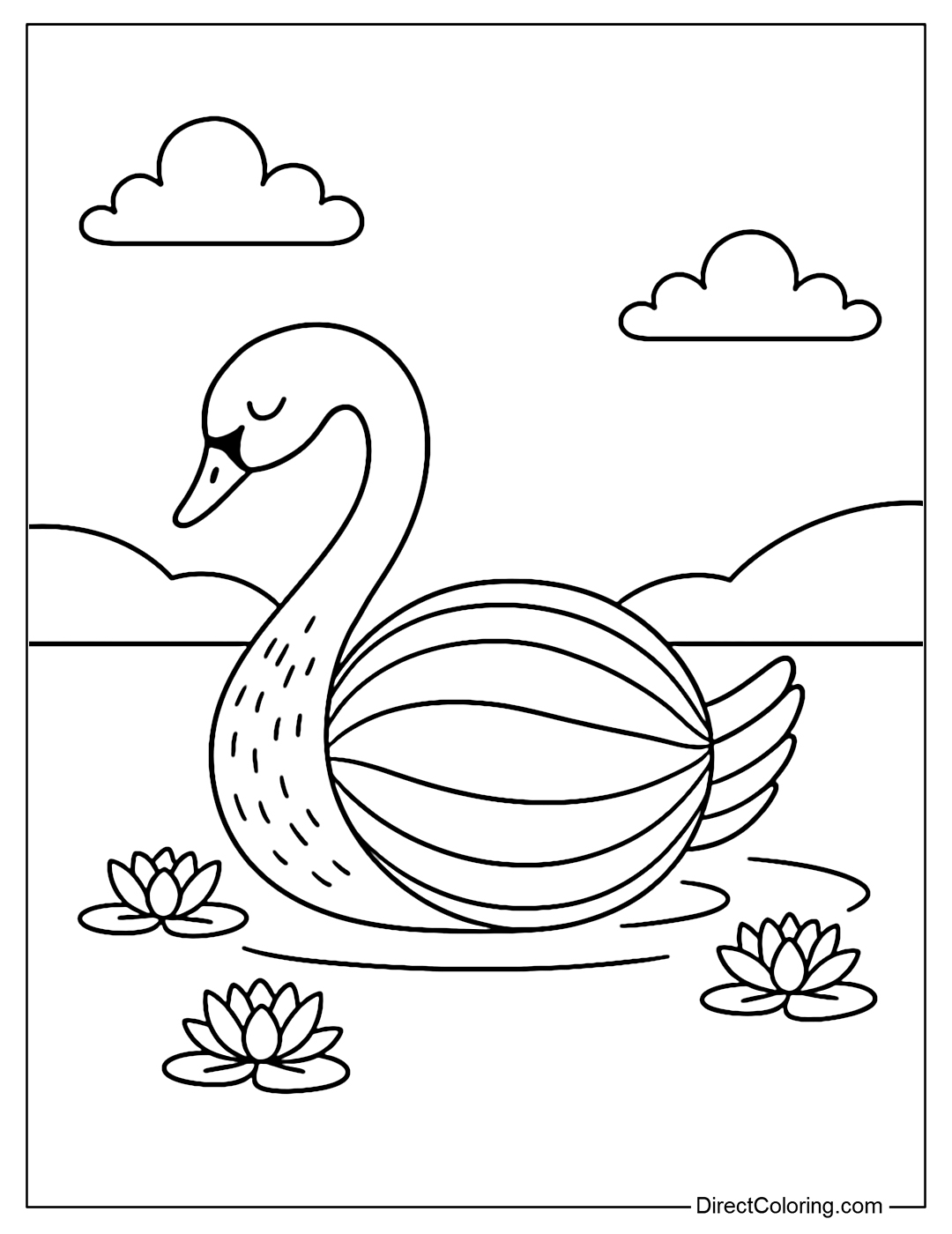 A round swan coloring page with a round body like a melon, an elegantly curved neck, and lightly striped feathers. The soft swan is gliding gently on the surface of a summer lake.