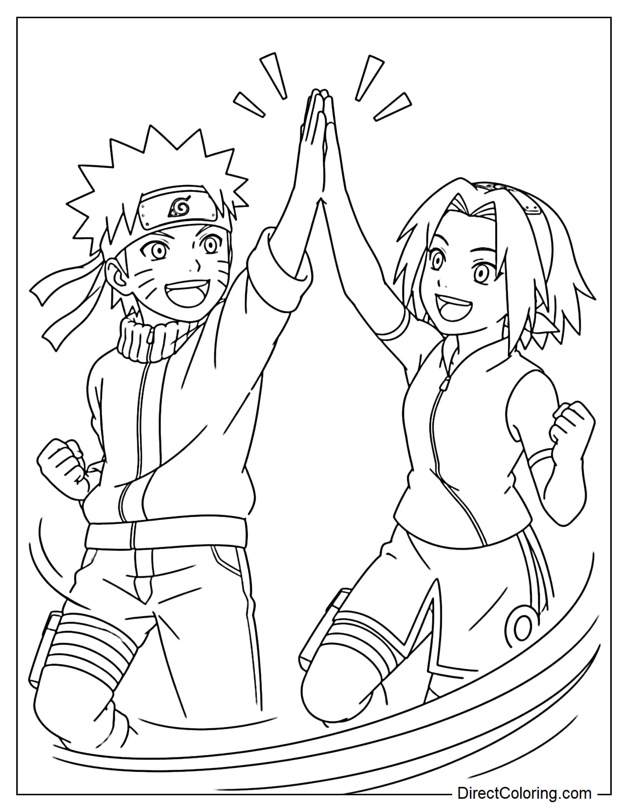Naruto and Sakura Haruno are happily high-fiveing, their expressions excited.