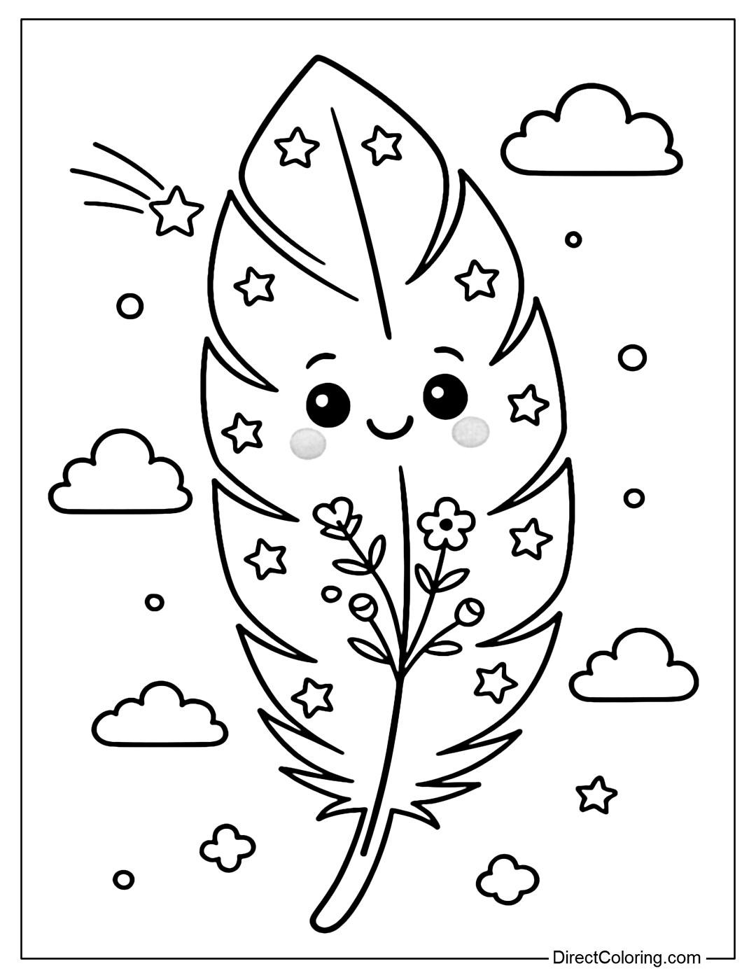 The feather coloring page has little stars around the edges of the feathers, a lovely smile and rosy cheeks on the body. The background has some fluffy clouds and gentle shooting stars.