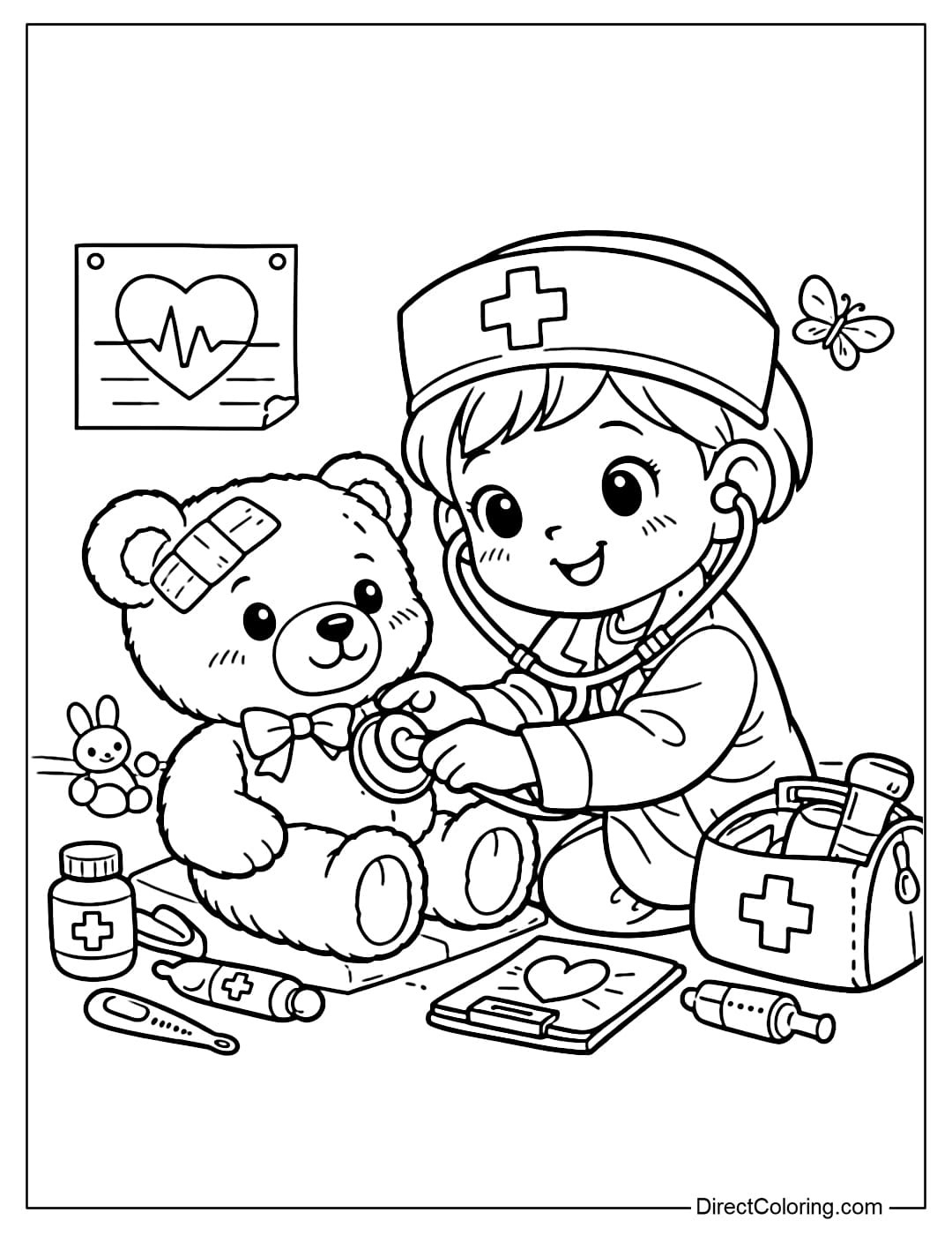 A coloring page of a cute little girl in a doctor's coat examining a teddy bear, with a cheerful expression.
