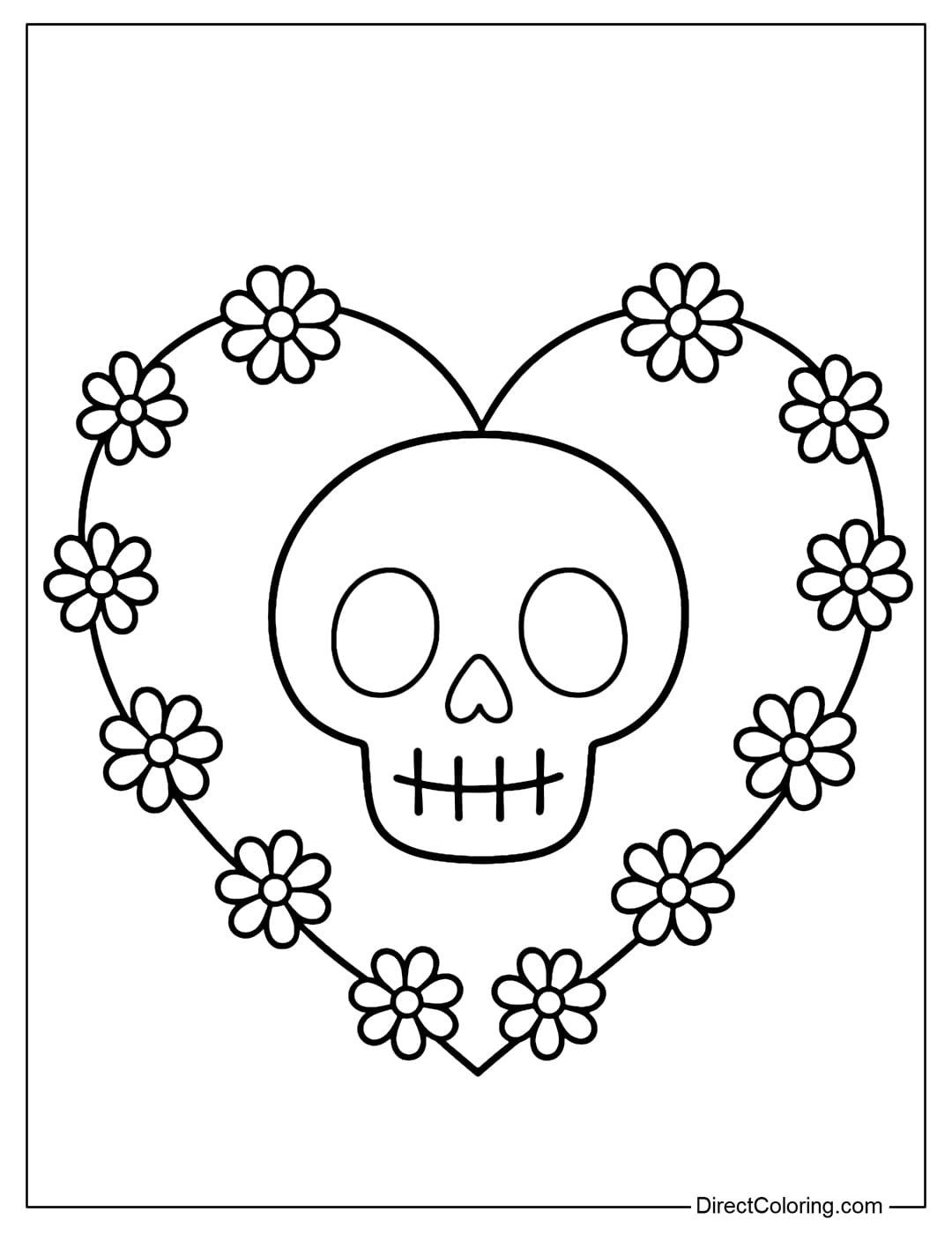 Skull coloring page in a heart shape, with small flowers around the frame.