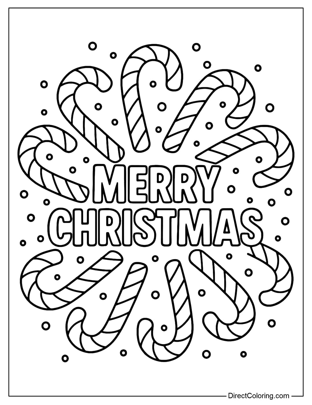 Coloring page with a candy cane ring forming a circle, with the word Merry Christmas in the middle.