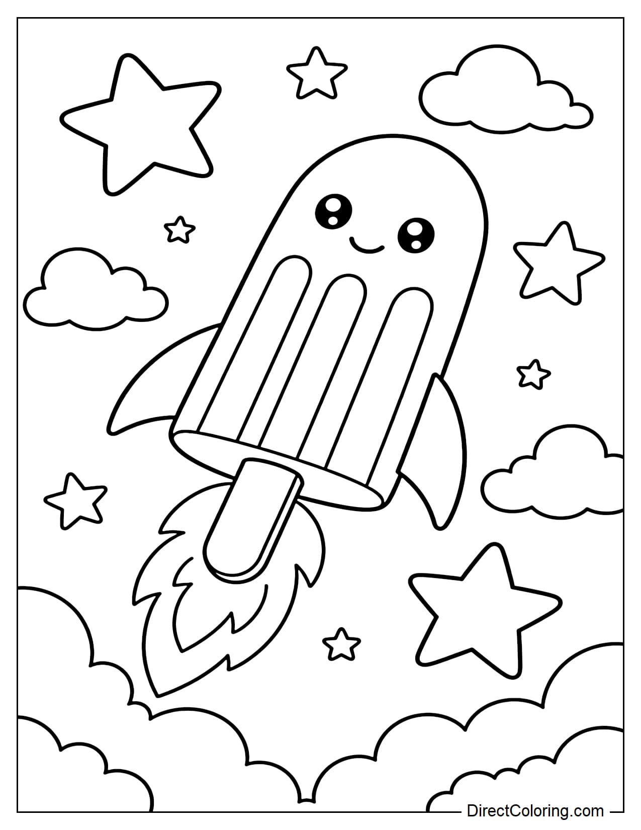 A rocket-shaped popsicle flying among large stars and simple clouds.