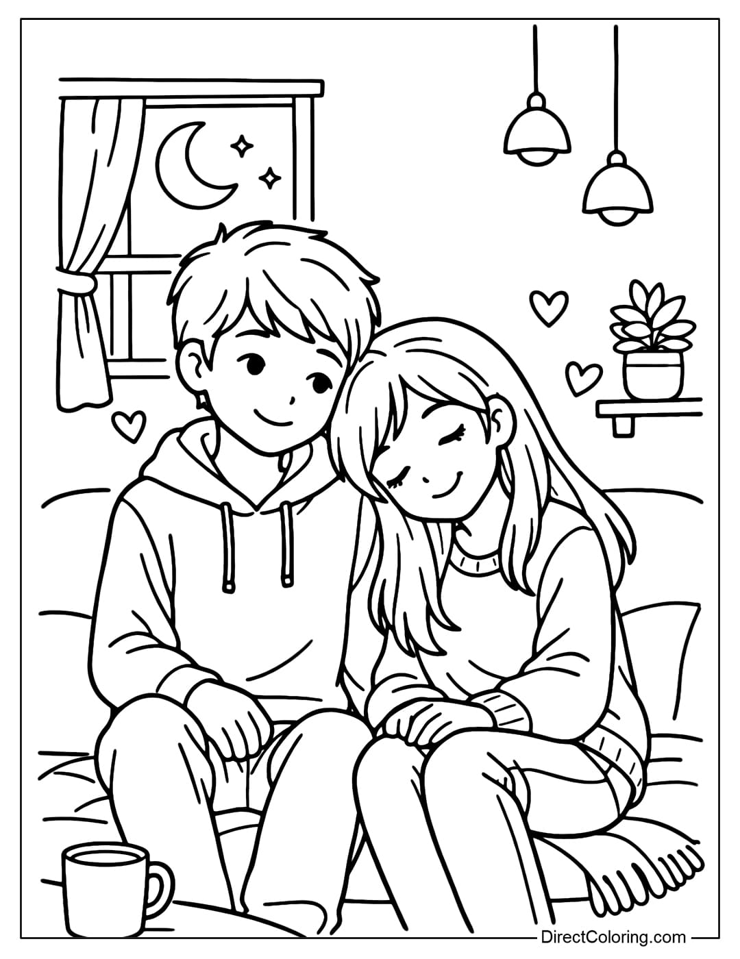 A coloring page of a couple sitting together in a warm setting.