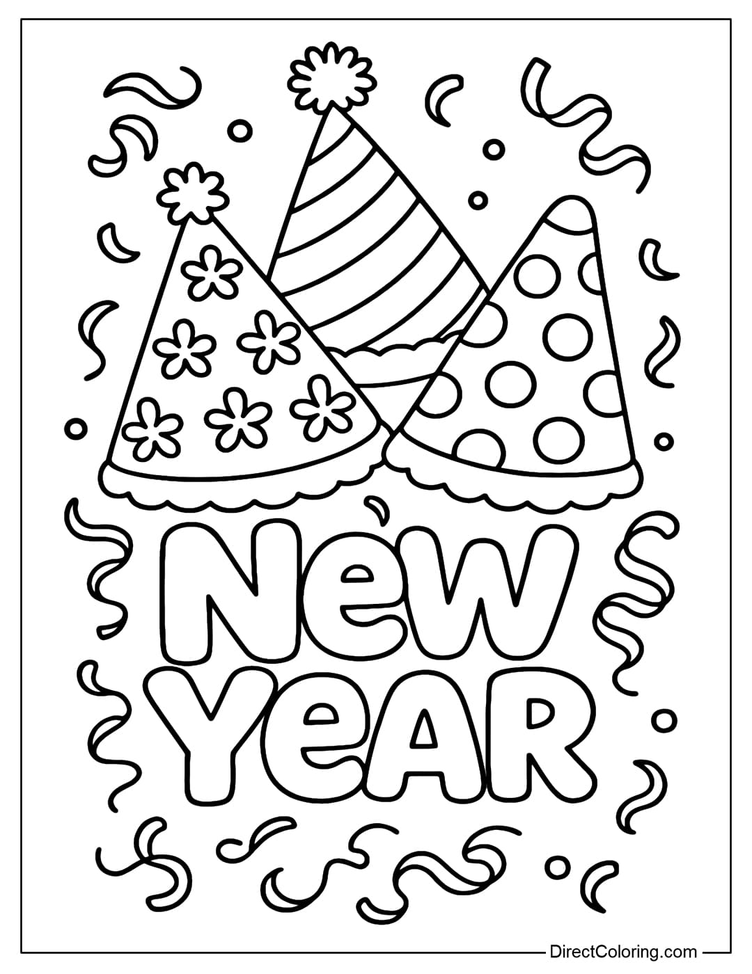 Happy New Year coloring page written in artistic cursive, above the text are beautiful party hats, gently swirling confetti around.