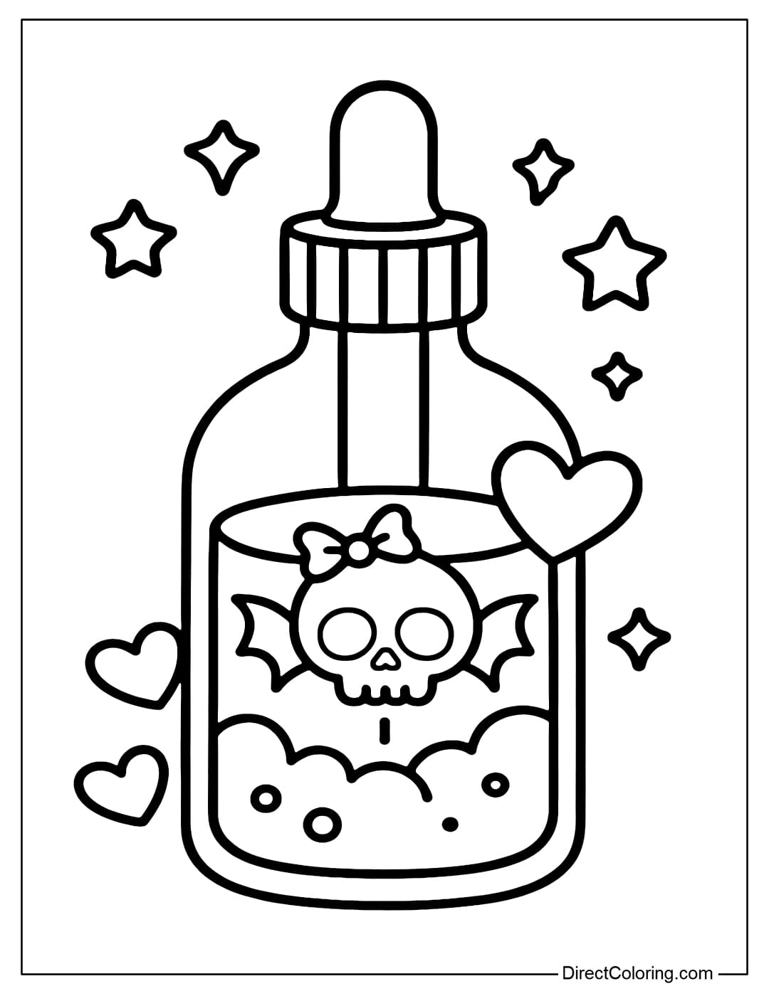 A Halloween-themed magic serum coloring page with a small skull and a crescent moon engraved on the bottle.
