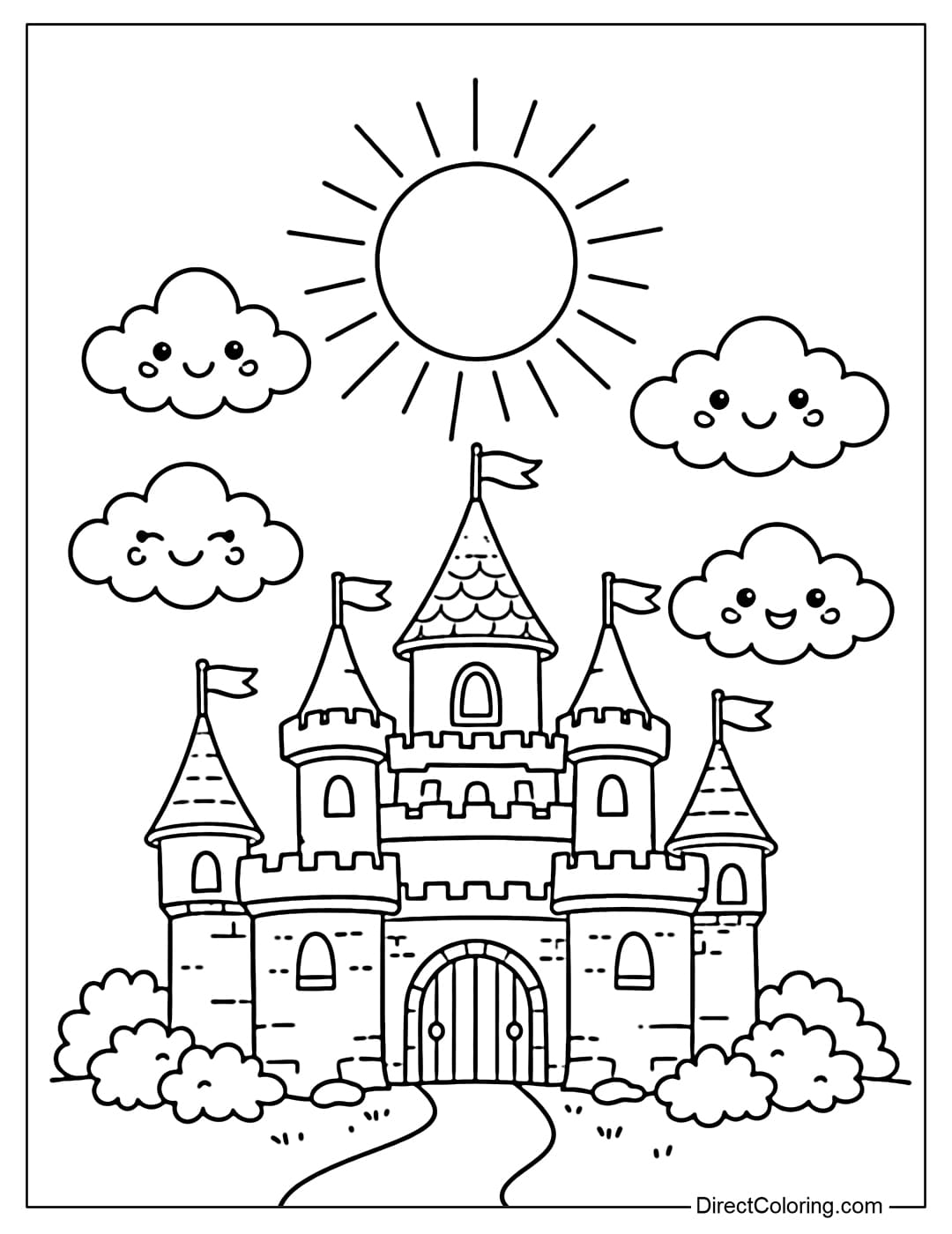 Coloring page of a small castle with a round sun shining from above and some cute clouds around it.
