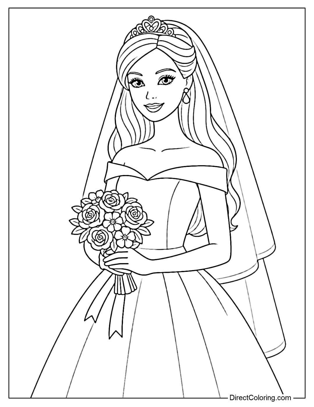 A coloring page of Barbie wearing an elegant wedding dress and holding flowers.