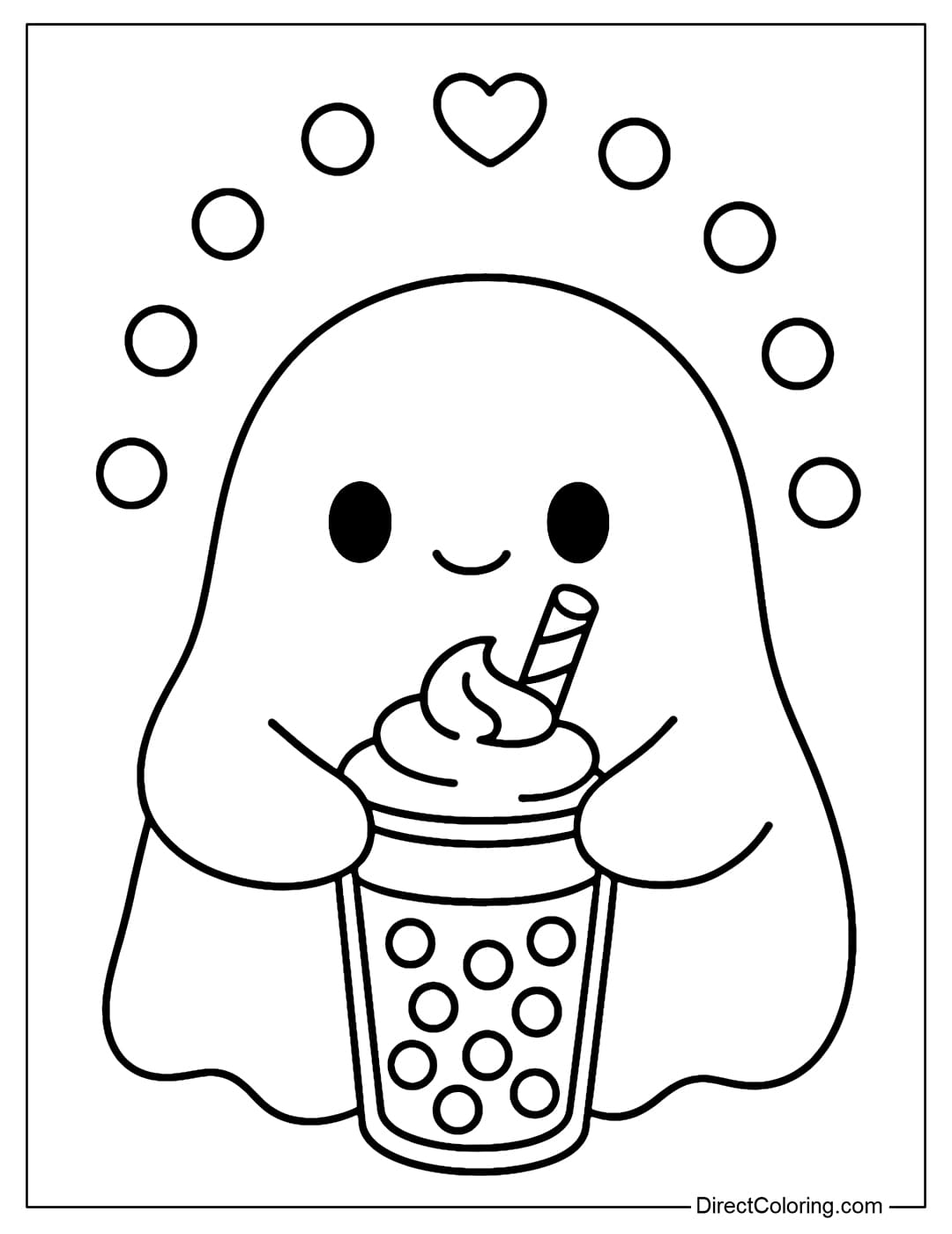 A chubby ghost coloring page holding a big cup of milk tea in both hands, a straw shaped like a lollipop.