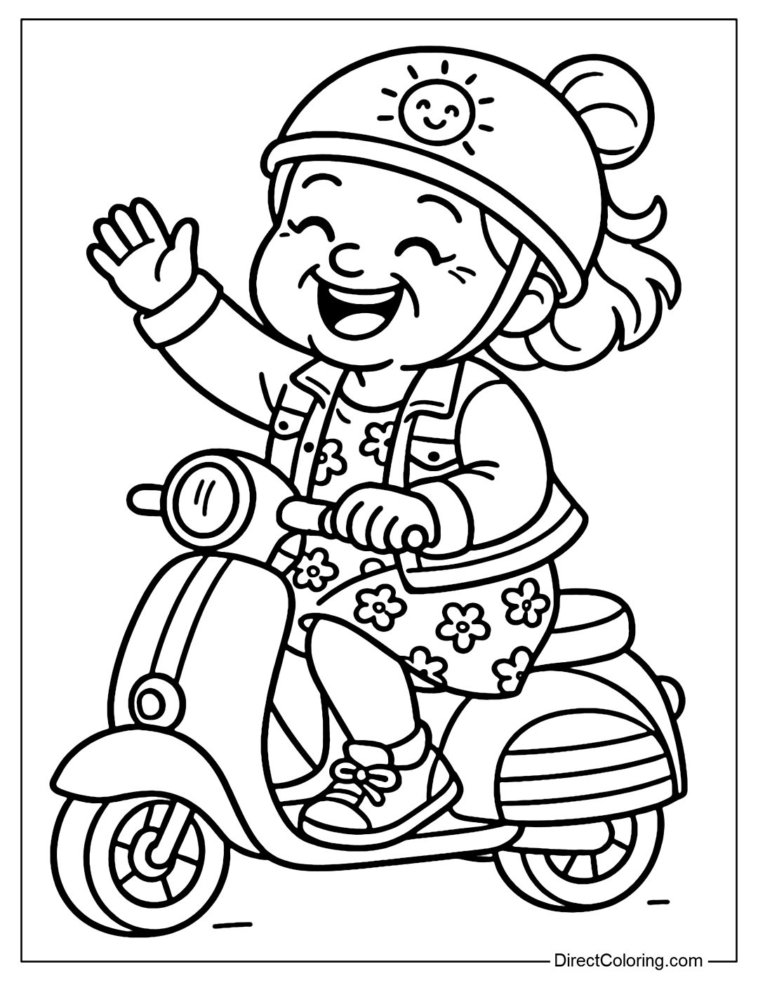 Coloring Page Grandma rides a scooter in style, waving her arms, smiling happily.