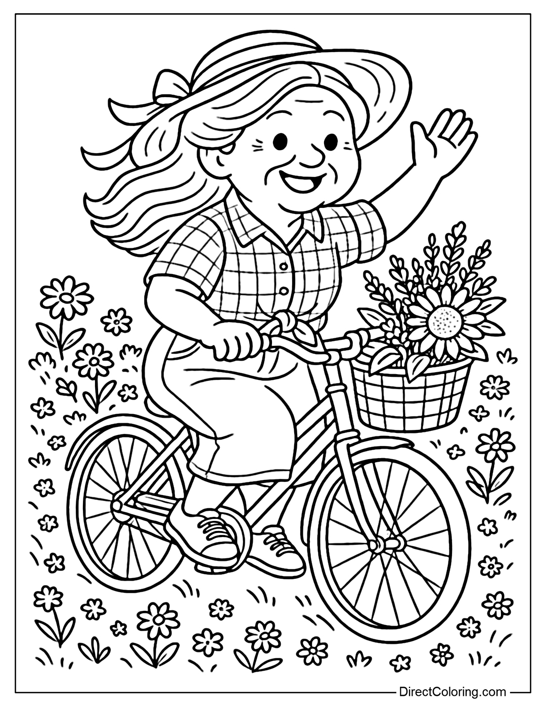 Coloring page Grandma cycling in the middle of a flower field, her long wavy hair flowing and wearing a wide-brimmed straw hat with a bow.