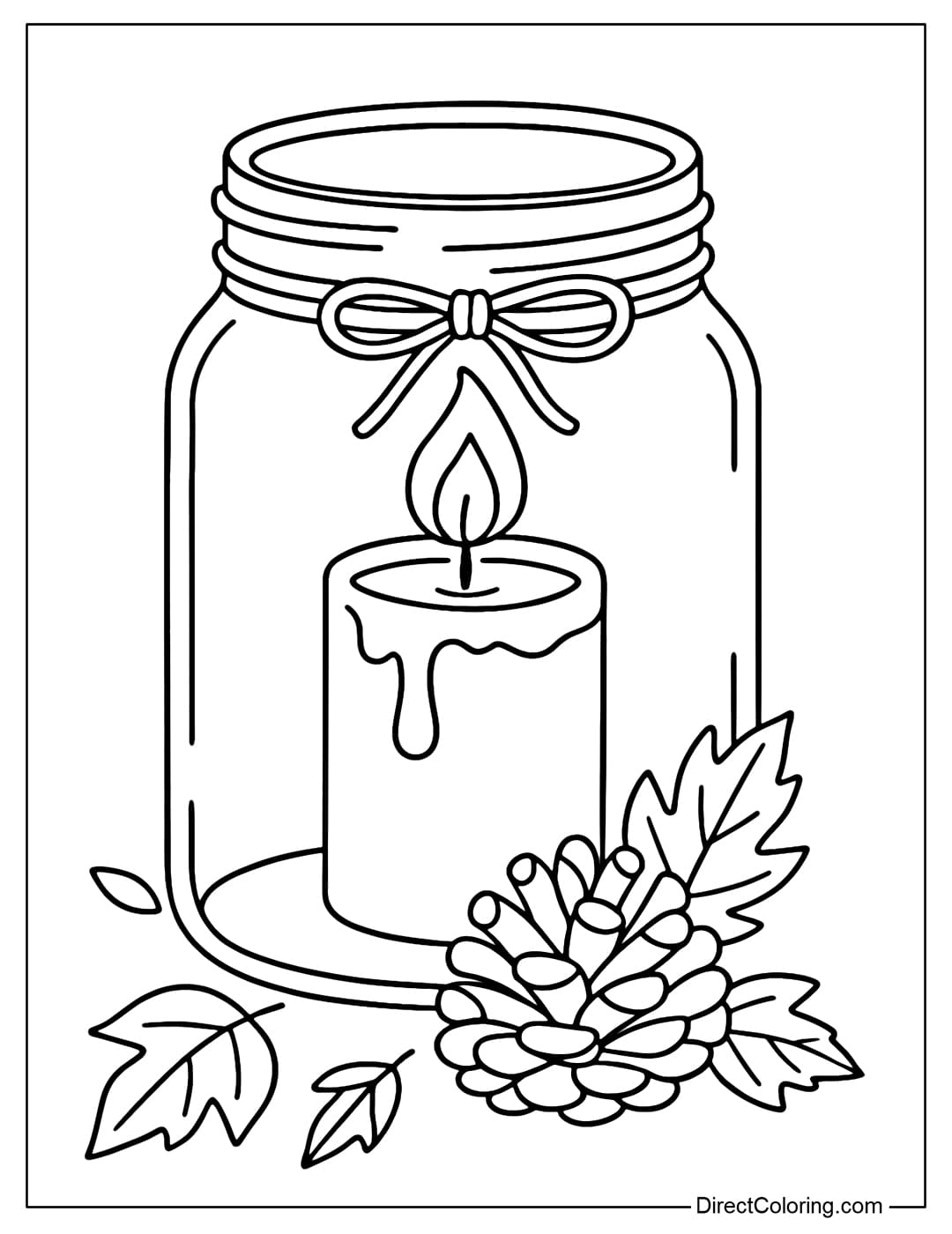 Candle and Pinecone Coloring Page Coloring page of a candle in a glass jar, placed next to a pine cone and dry leaves for decoration.