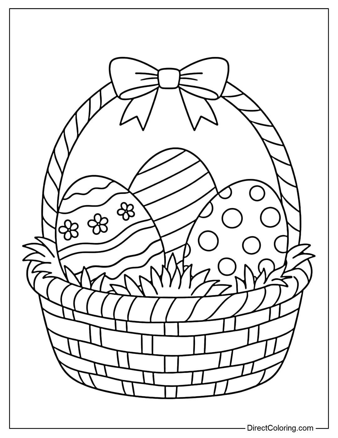 A simple Easter basket coloring page containing three large eggs with basic patterns.