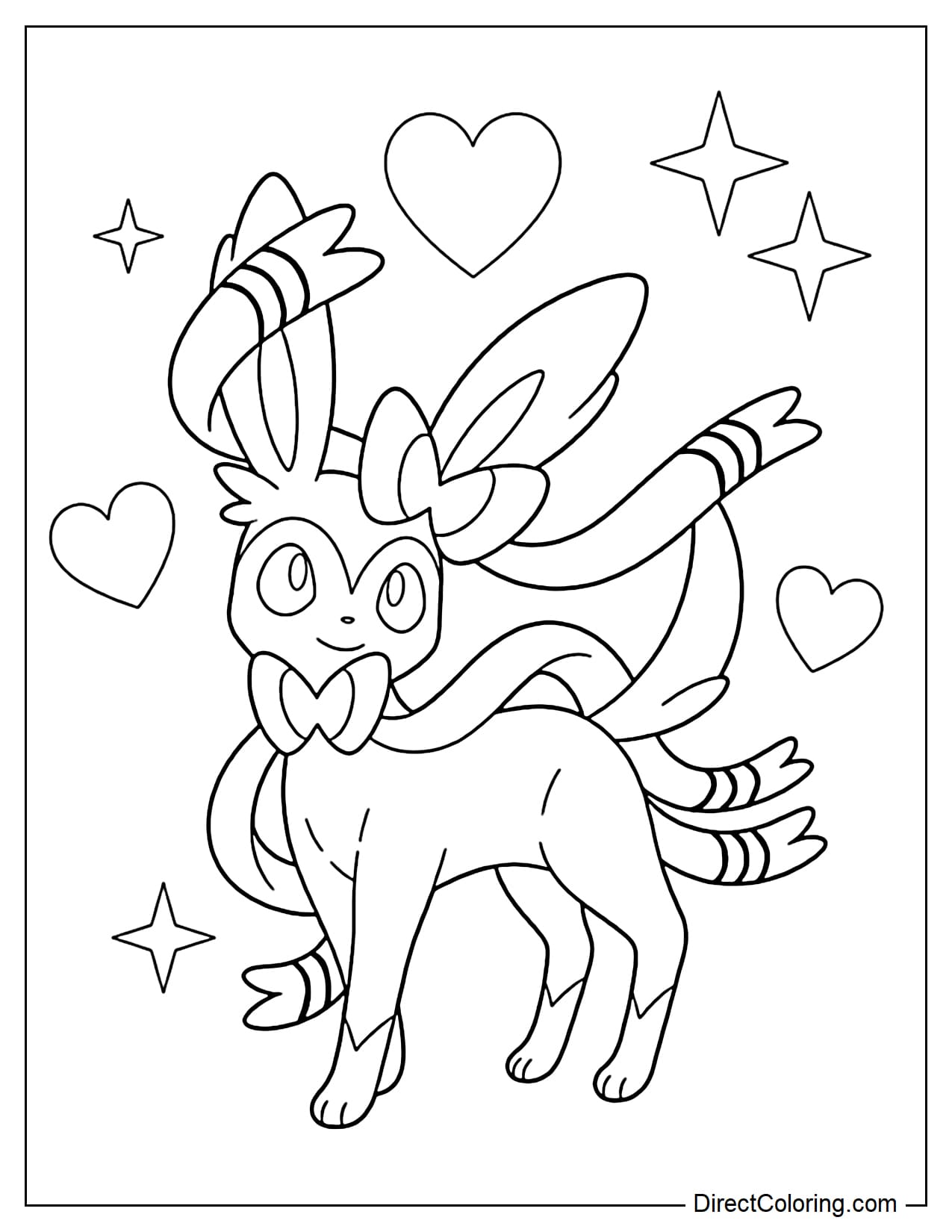 Sylveon is gently twirling with one front leg lifted, soft ribbons curving around its body, with several hearts and stars beside it.
