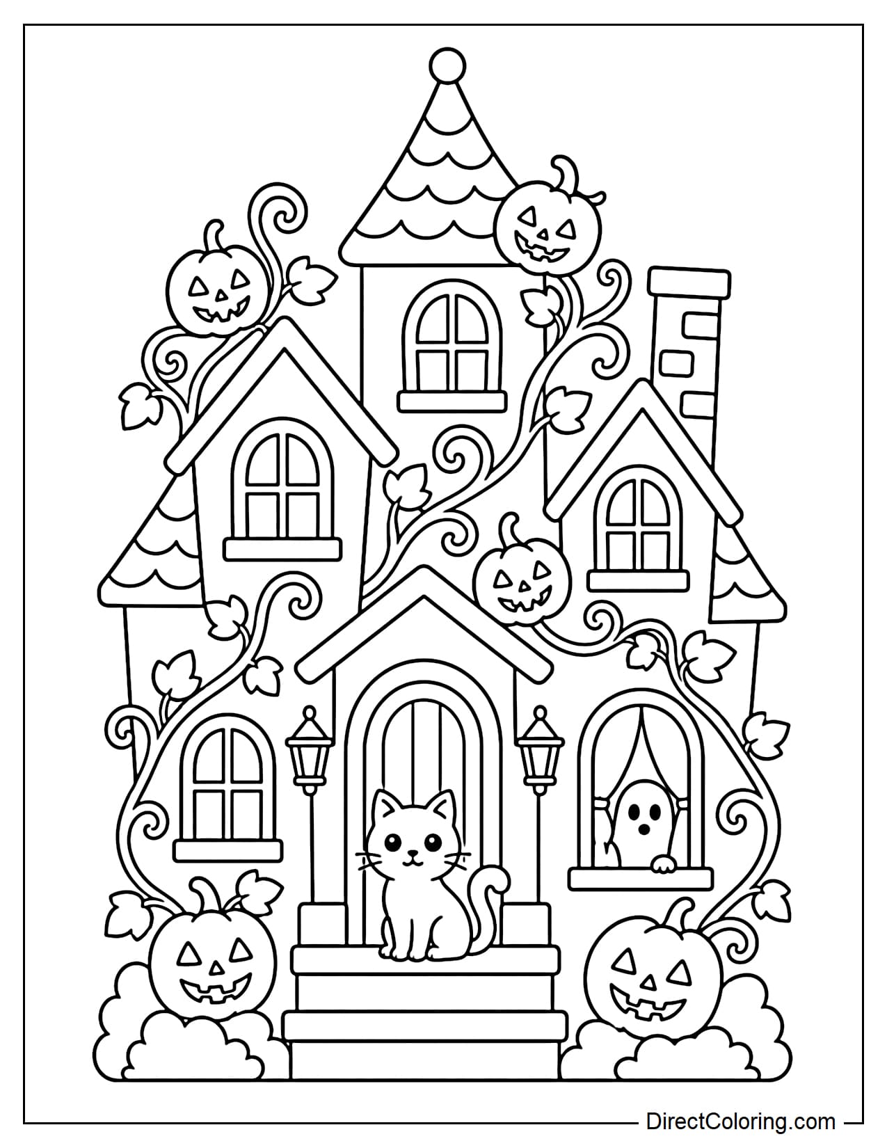 A haunted house wrapped in Halloween vines around the roof and windows, with a few small spooky-faced pumpkins growing along the vines, a black cat sitting on the doorstep, and a small ghost peeking from behind a curtain.