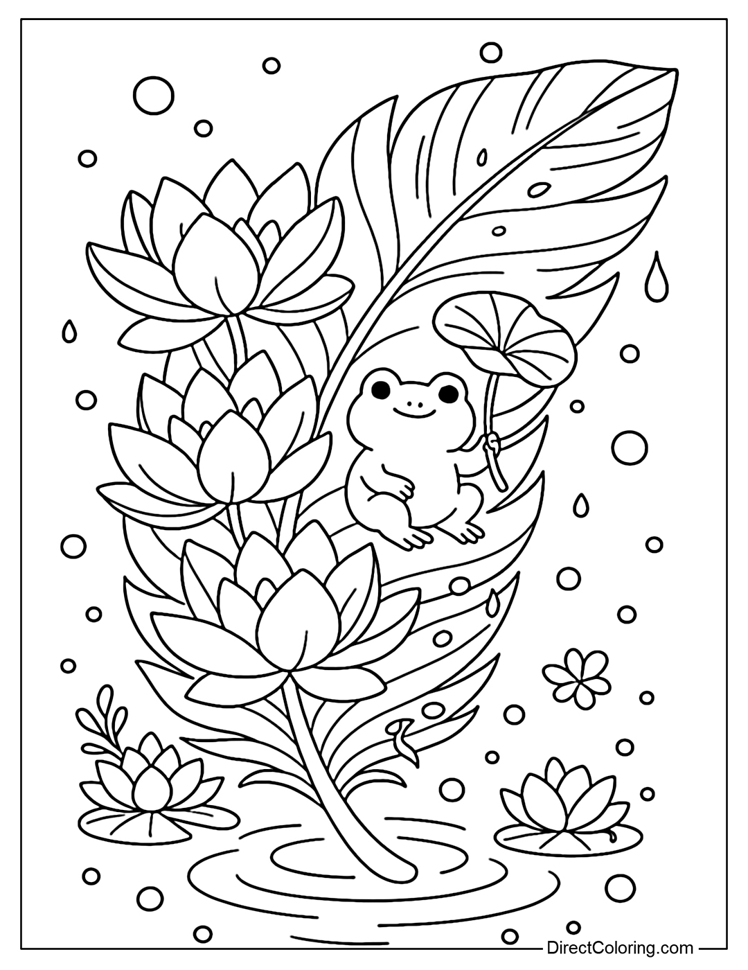 Coloring page of a large feather decorated with blooming lotus petals along the feather's body. A cute little frog is sitting relaxing on the middle of the feather, holding a small lotus leaf like a fan.