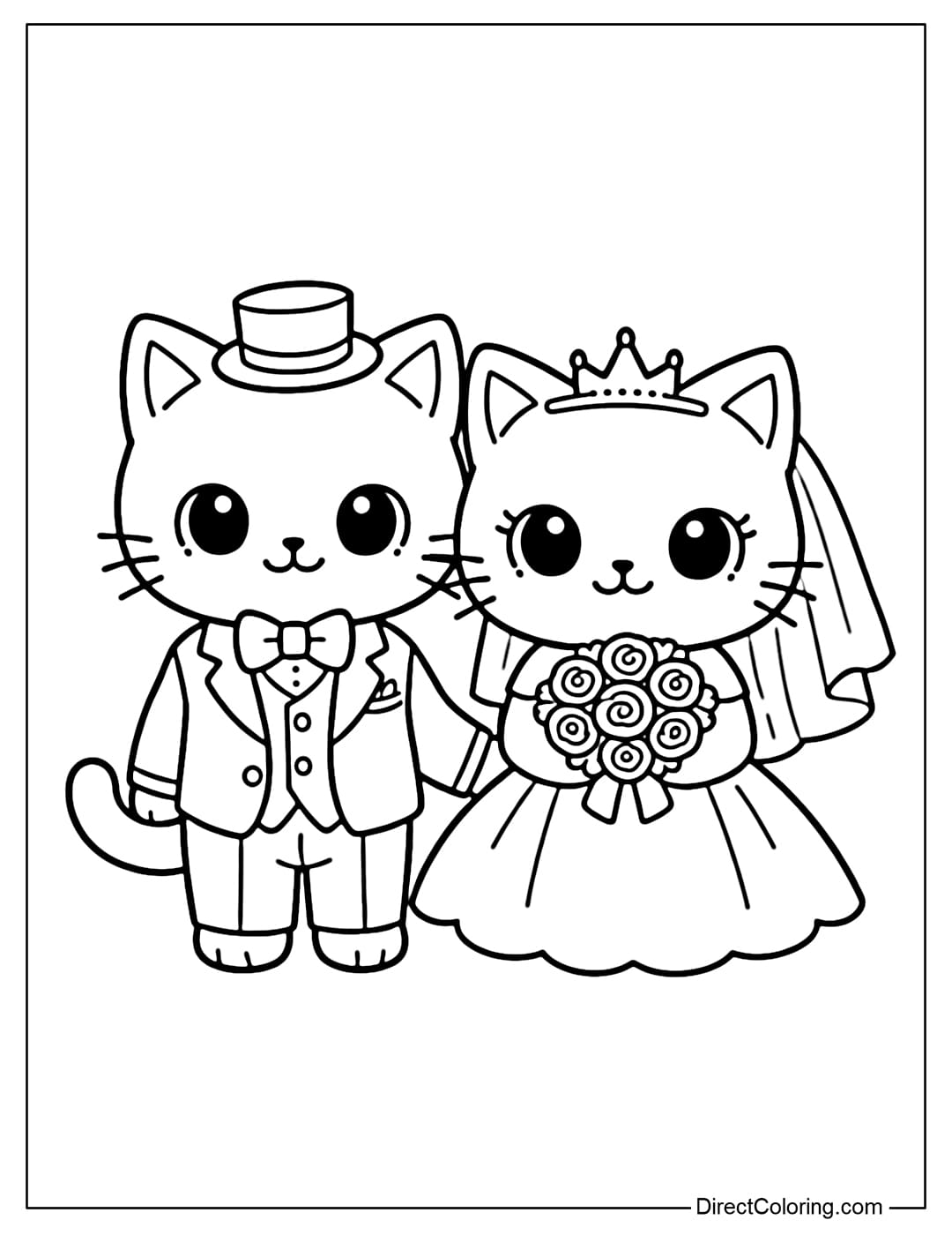 A coloring page of a cute bride and groom cat couple standing side-by-side, creating a sweet and happy feeling.
