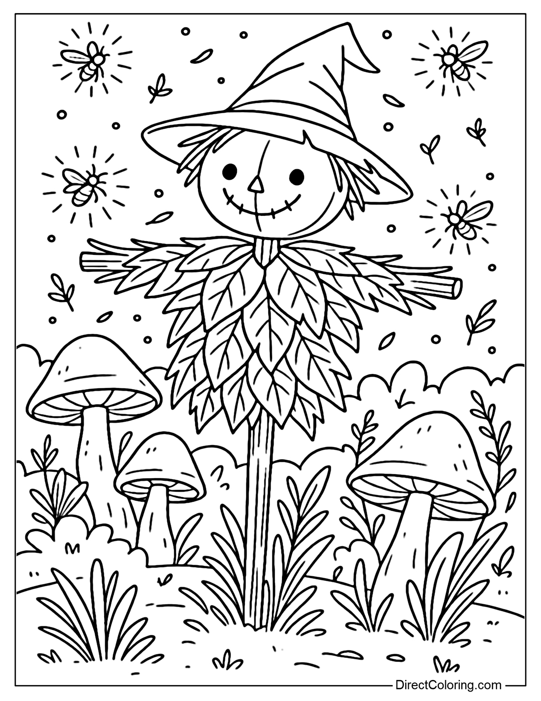 Scarecrow coloring page in a fairy garden, wearing a leafy shirt, surrounded by fireflies and glowing mushrooms.