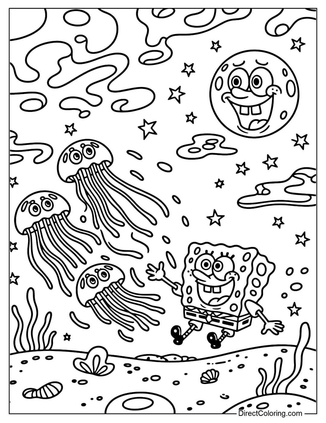 Coloring page of SpongeBob chasing glowing ghost jellyfish, mysterious Halloween night scene, with stars and moon.