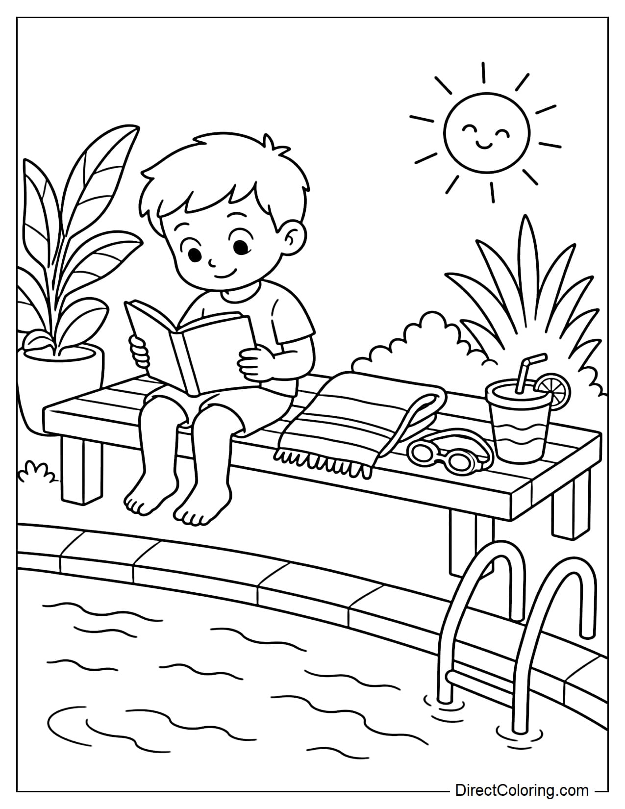 A child sits on a poolside lounge chair, engrossed in reading, with a towel, goggles, and a glass of cool water beside them, and a small sun above.