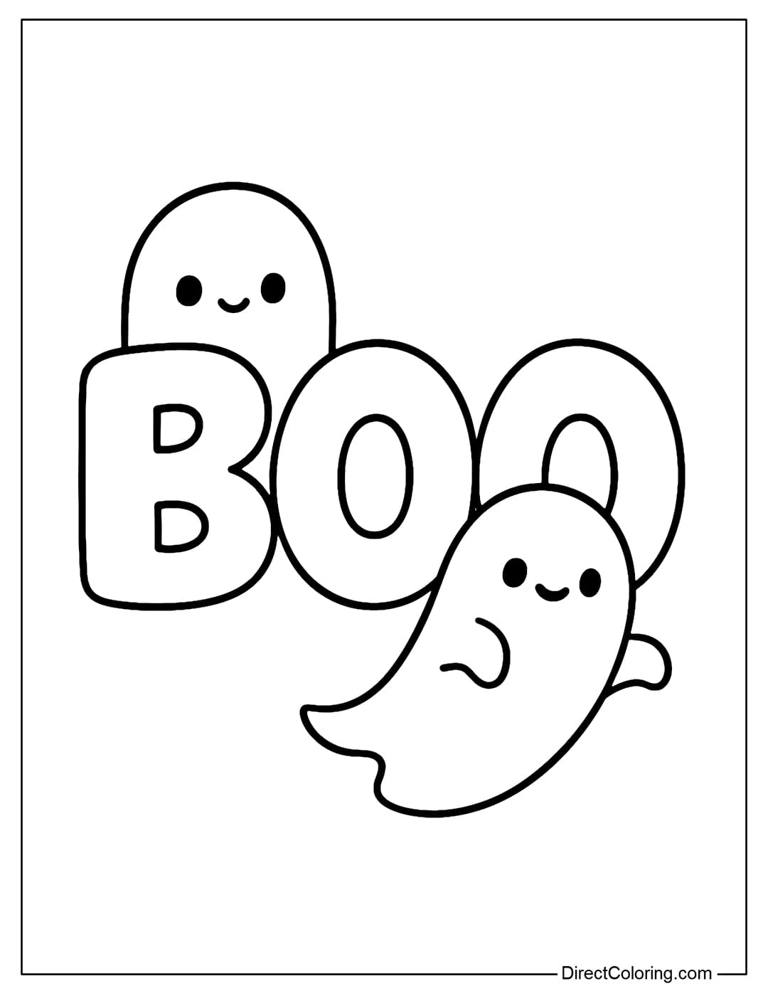 A giant BOO coloring page, each letter is fat and round. The first O has a little ghost peeking out with mischievous round eyes, the second O has a ghost flying through it.