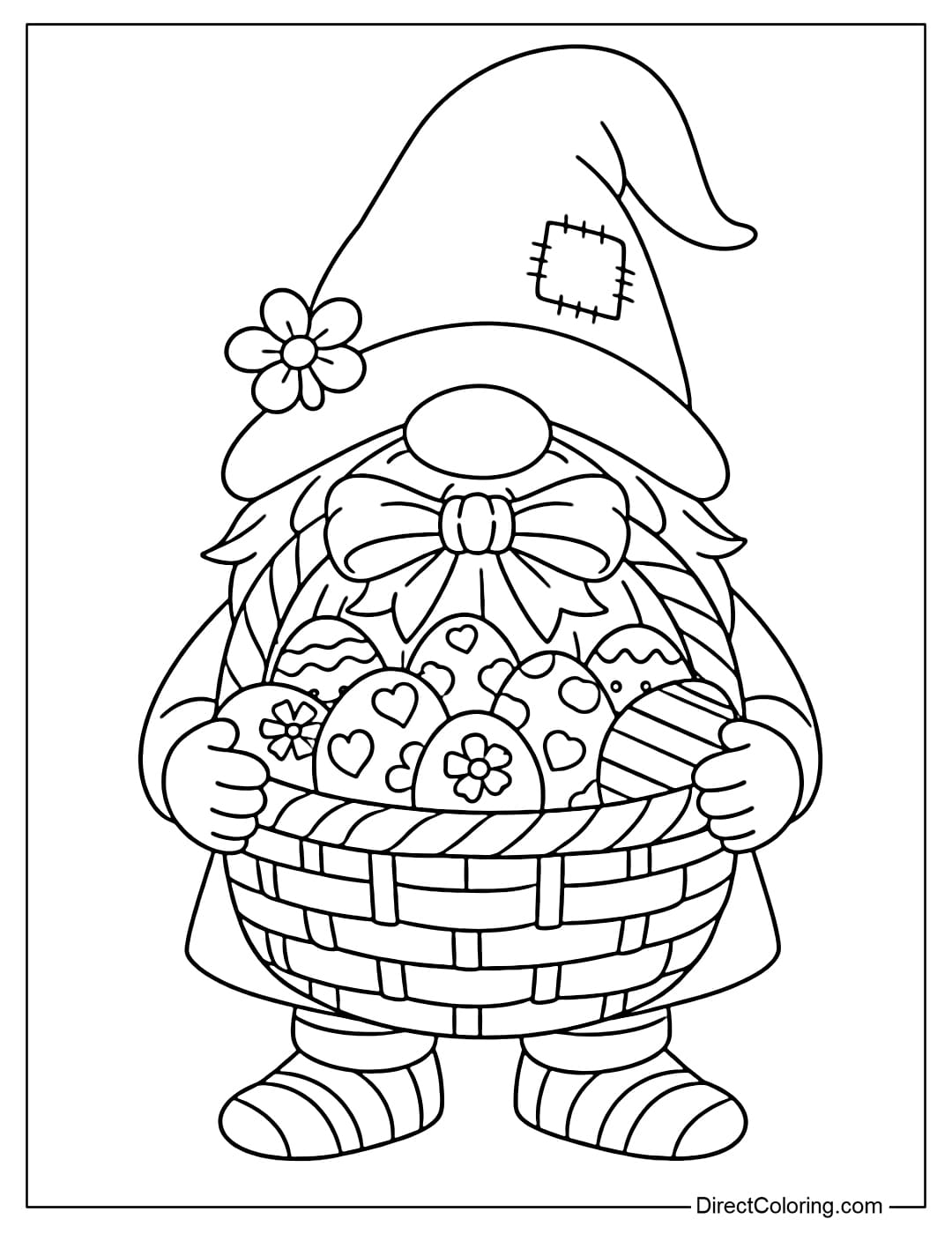 A coloring page of a gnome holding a basket full of large Easter eggs with simple details.