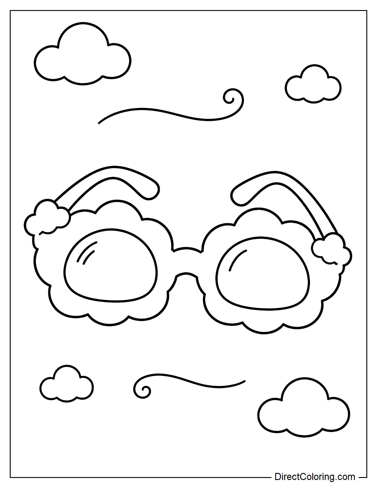 A pair of sunglasses with a soft, cloud-shaped frame, surrounded by tiny clouds.