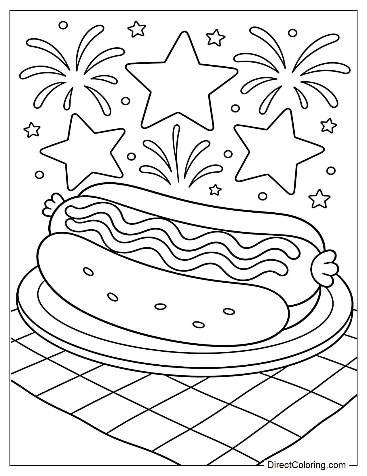 A large hotdog sits on a picnic plate, with ketchup and mustard creating decorative stripes, and behind it are several large stars and fireworks.