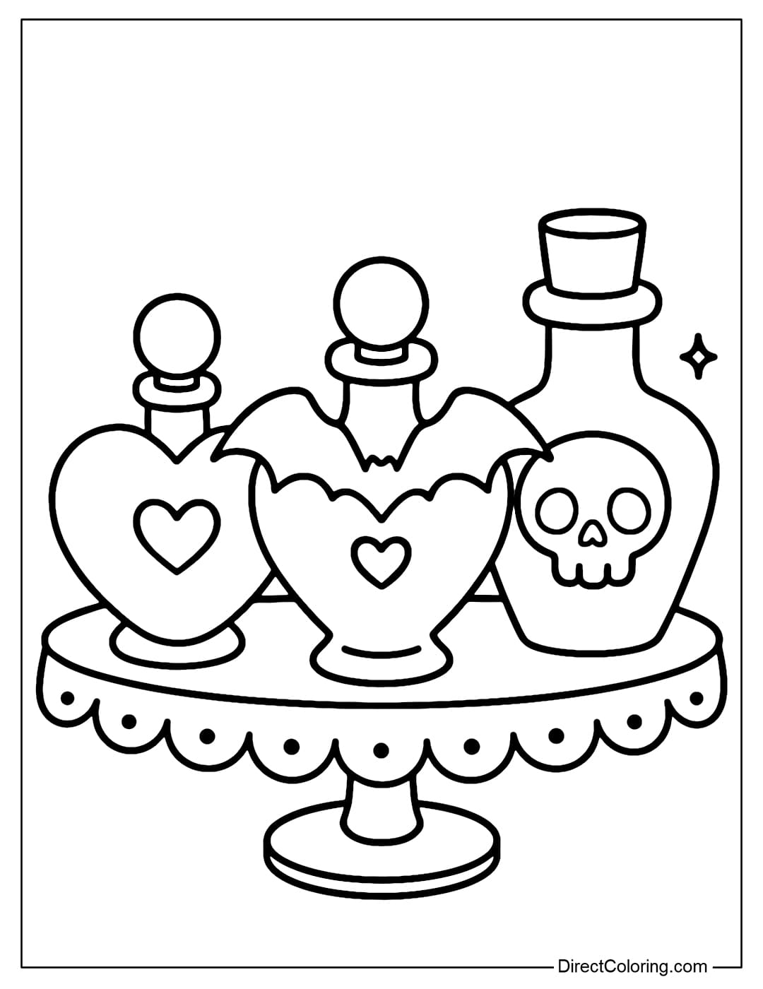 Coloring page of a trio of perfume bottles in the shape of a heart, bat, and skull, arranged on a decorative lace tray.