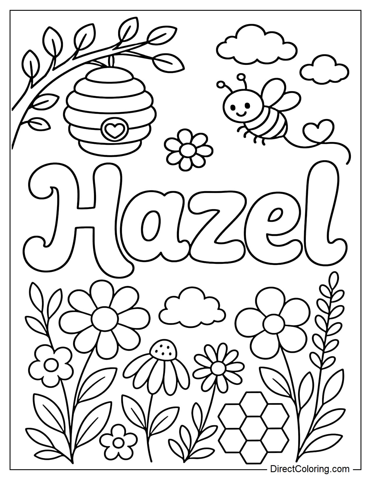 A coloring page with the name Hazel in soft letters, surrounded by honeybees, a beehive, wildflowers, leaves, and small clouds.