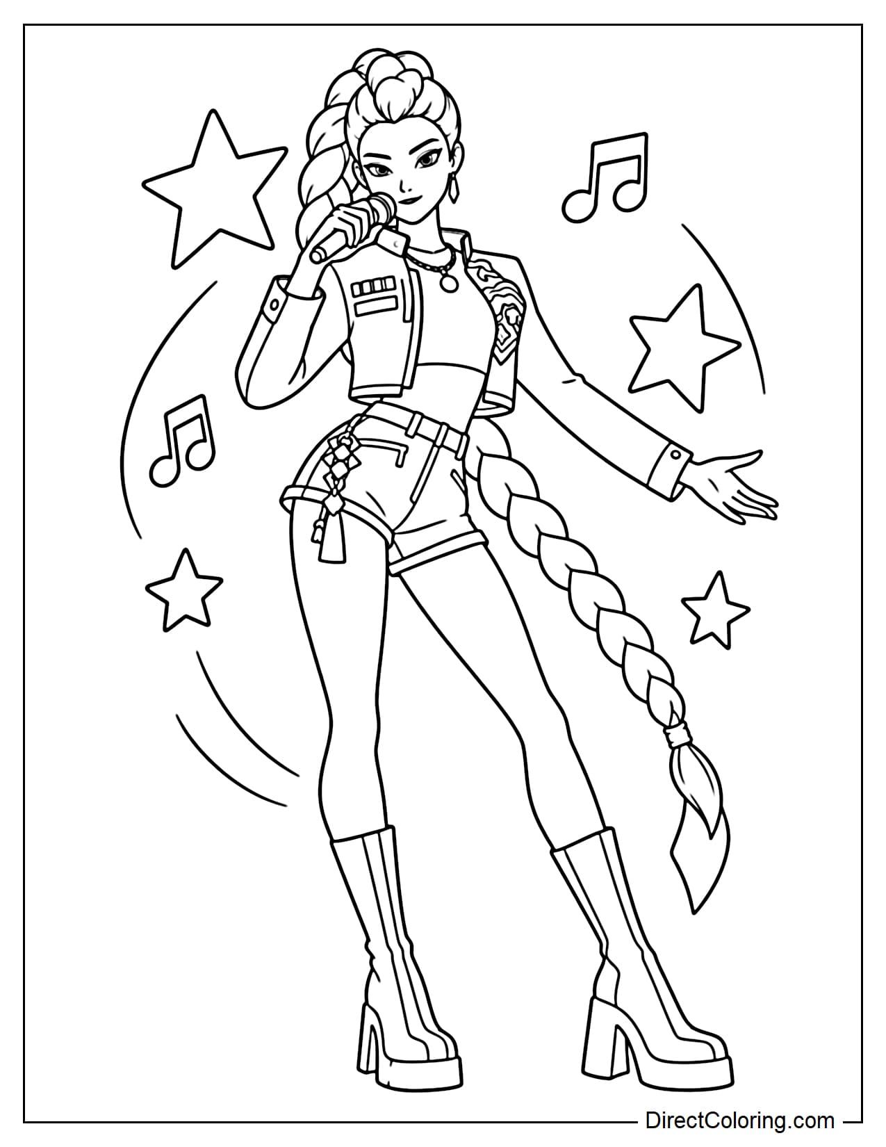 Rumi is performing solo, holding a microphone close to her mouth with one hand while gently extending the other hand to the side. Her signature long braid flows behind her. A few large musical notes and stars surround her.